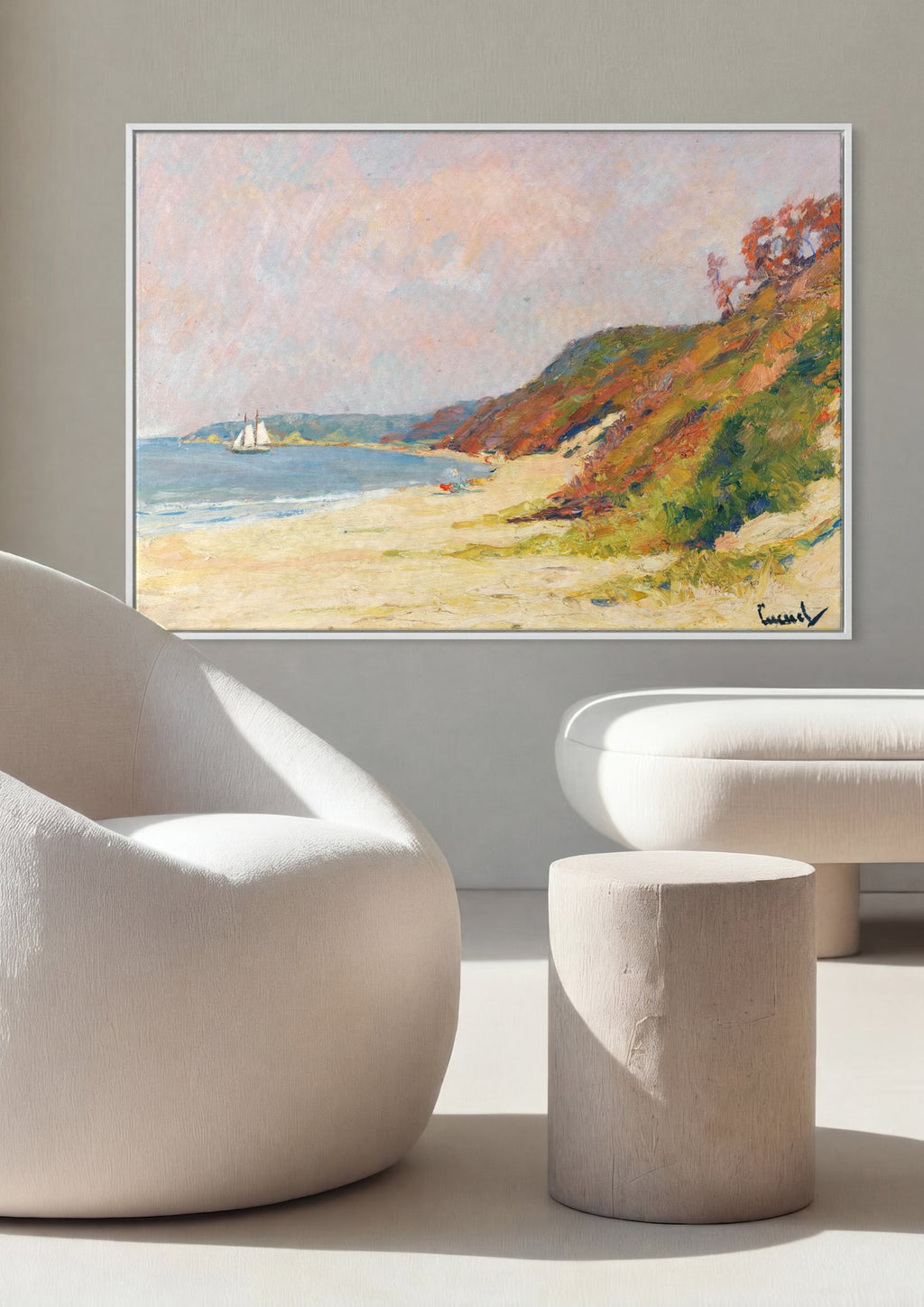 Quadro Decorativo Praia Ensolarada com Barco - Edward Cucuel em ambiente decorado