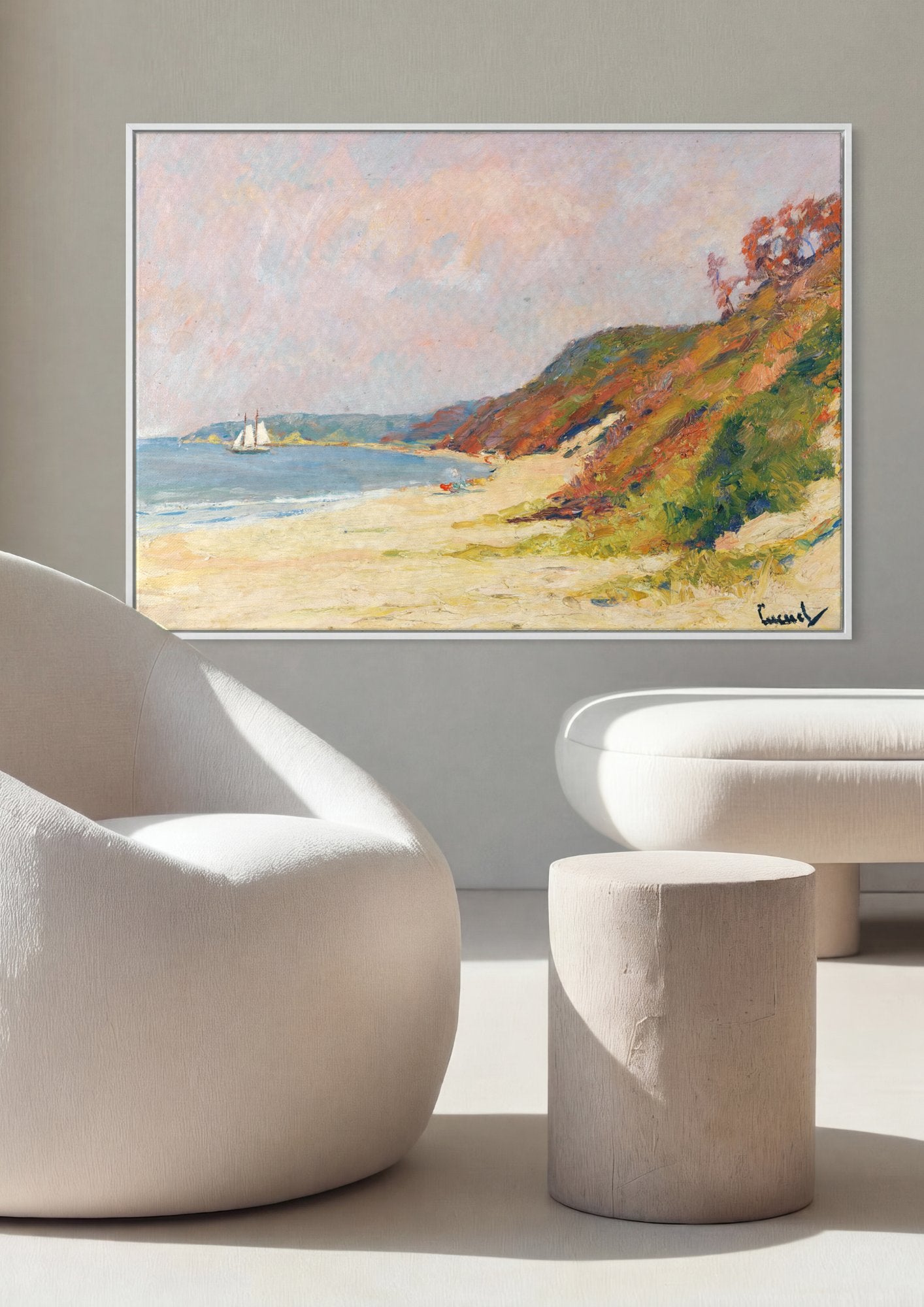 Quadro Decorativo Praia Ensolarada com Barco - Edward Cucuel em ambiente decorado