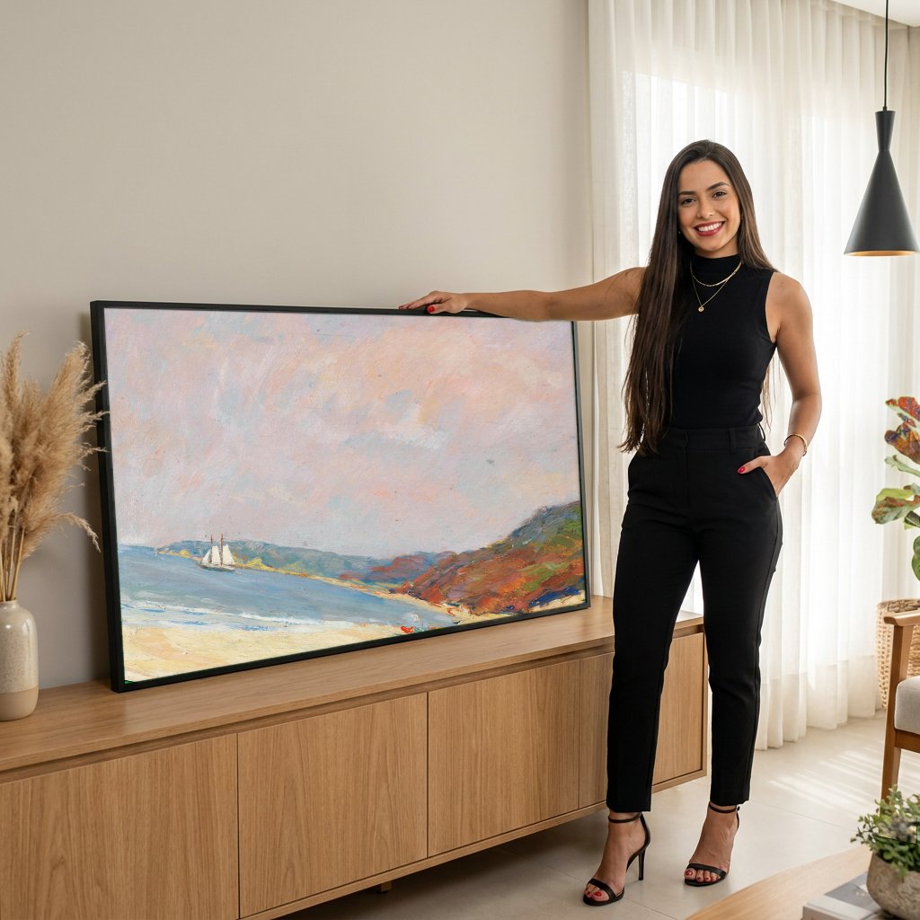 Quadro Decorativo Praia Ensolarada com Barco - Edward Cucuel com modelo em ambiente