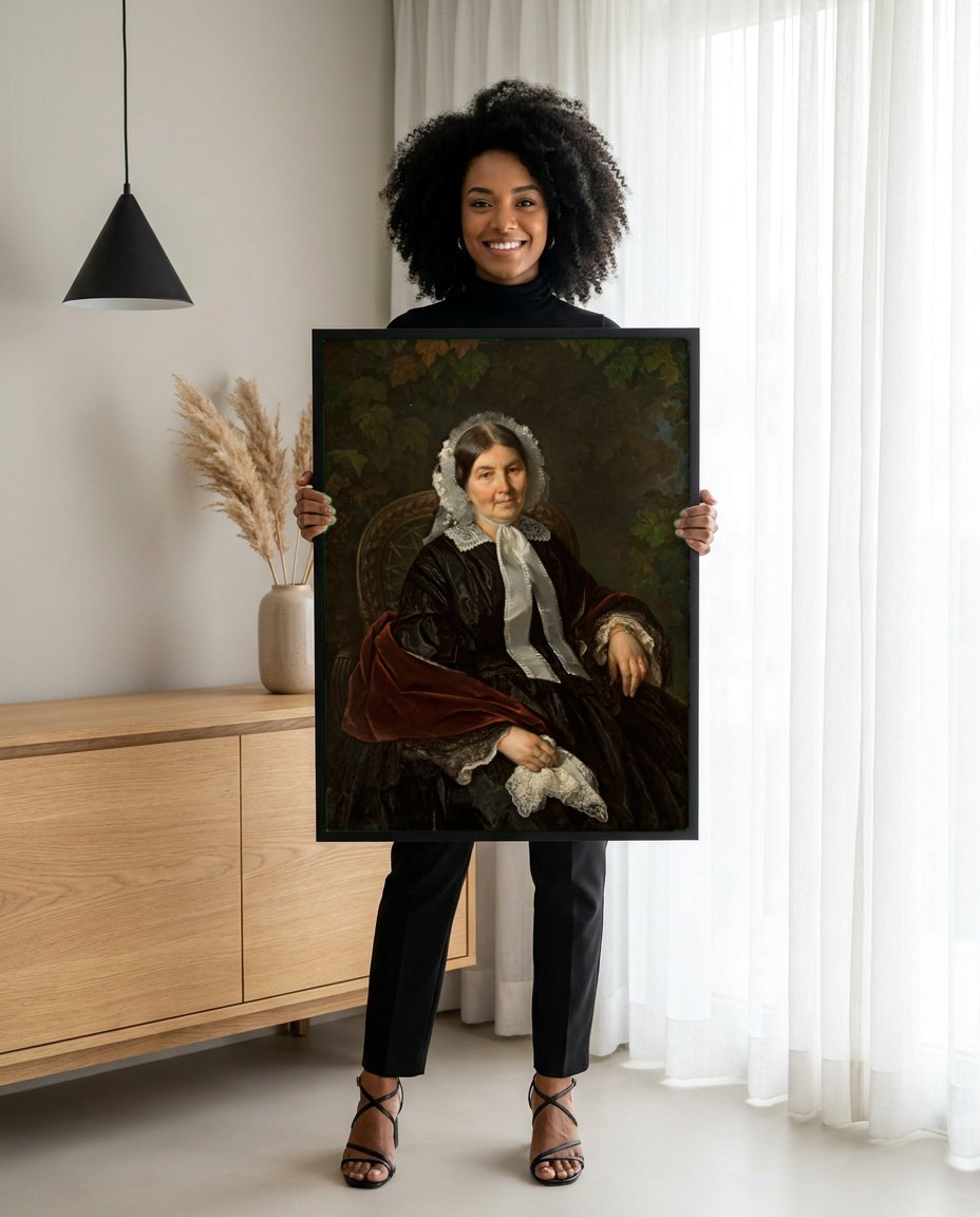 Quadro Decorativo Retrato de Mulher - Simmler | modelo apresentando o quadro emoldurado