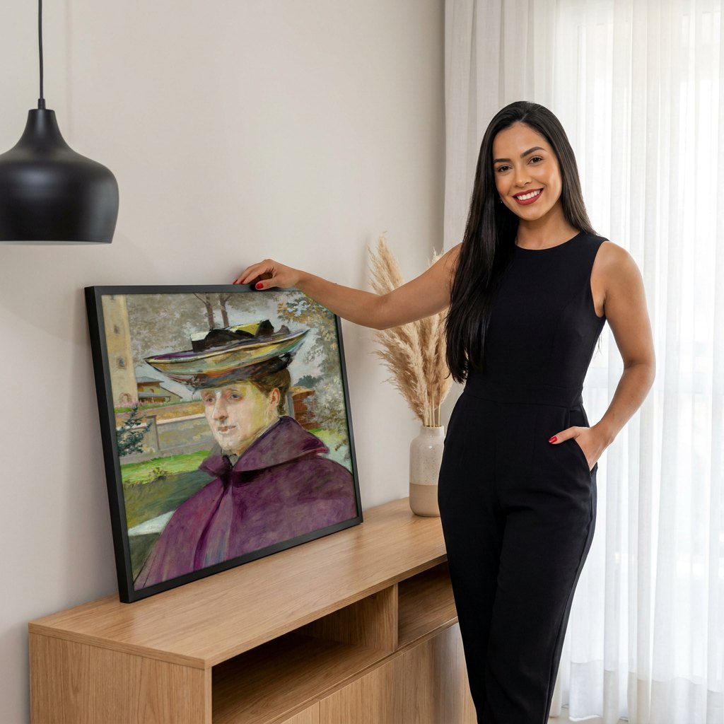 Quadro Decorativo Retrato de Mulher com Chapeu - Jacek Malczewski | modelo apresentando o quadro emoldurado