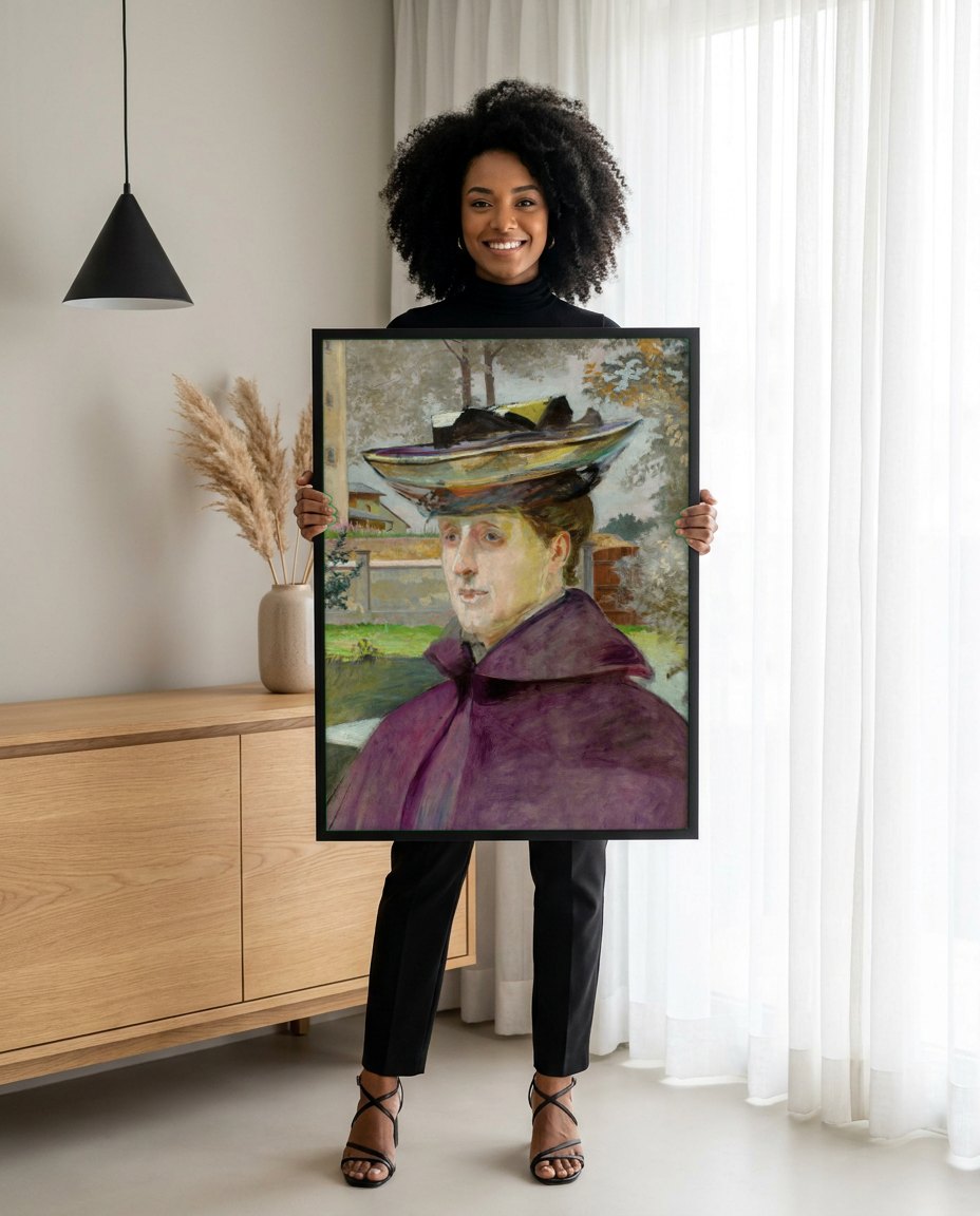 Quadro Decorativo Retrato de Mulher com Chapeu - Jacek Malczewski | modelo apresentando o quadro emoldurado