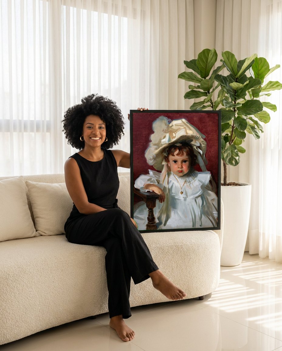 Quadro Decorativo Retrato de Menina com Chapeu - John S. Sargent | modelo apresentando o quadro emoldurado