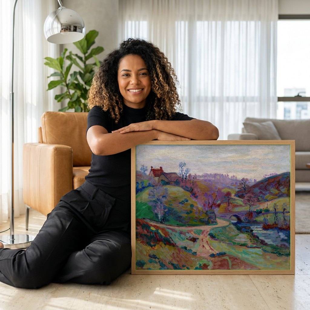 Quadro Decorativo Paisagem com Ponte - Armand Guillaumin | modelo apresentando o quadro emoldurado