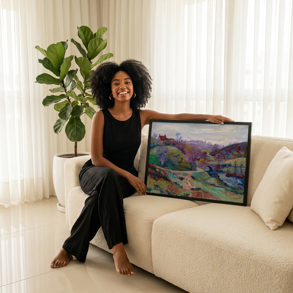 Quadro Decorativo Paisagem com Ponte - Armand Guillaumin | modelo apresentando o quadro emoldurado