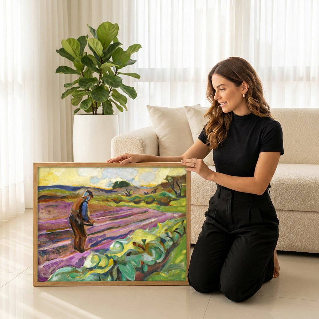 Quadro Decorativo Campo Lavrado - Edvard Munch | modelo apresentando o quadro emoldurado