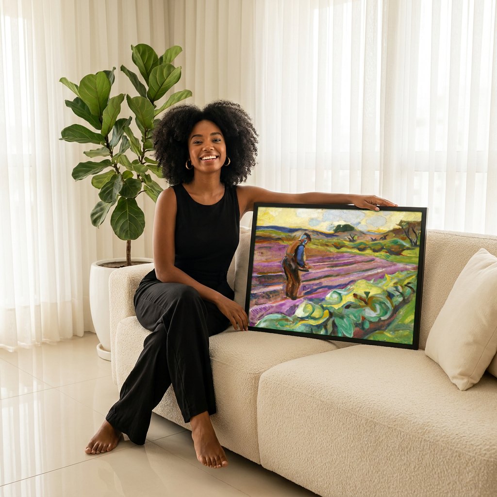 Quadro Decorativo Campo Lavrado - Edvard Munch | modelo apresentando o quadro emoldurado