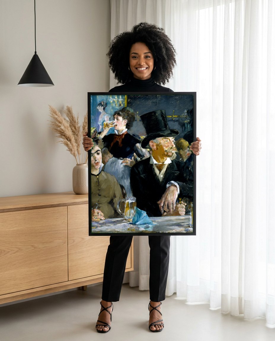 Quadro Decorativo A Cervejaria - Edouard Manet | modelo apresentando o quadro emoldurado