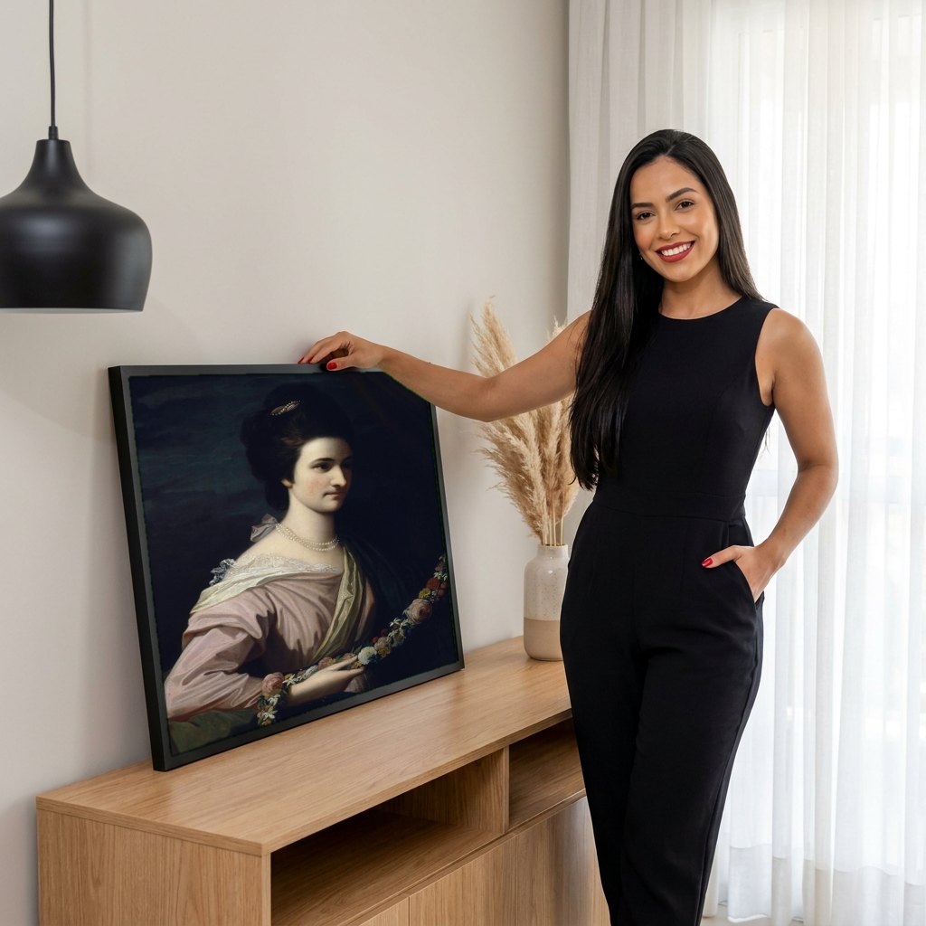 Quadro Decorativo Retrato de Mulher com Grinalda - B. West | modelo apresentando o quadro emoldurado