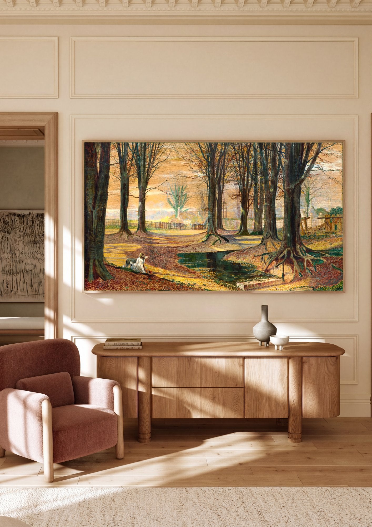 Quadro Decorativo Floresta Outonal com Cão - Grimshaw em ambiente decorado