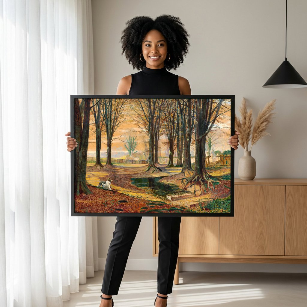 Quadro Decorativo Floresta Outonal com Cão - Grimshaw com modelo em ambiente