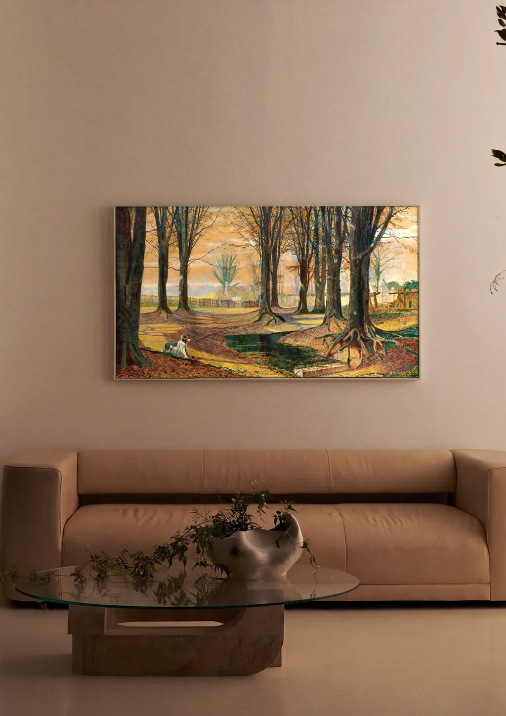 Quadro Decorativo Floresta Outonal com Cão - Grimshaw em ambiente decorado