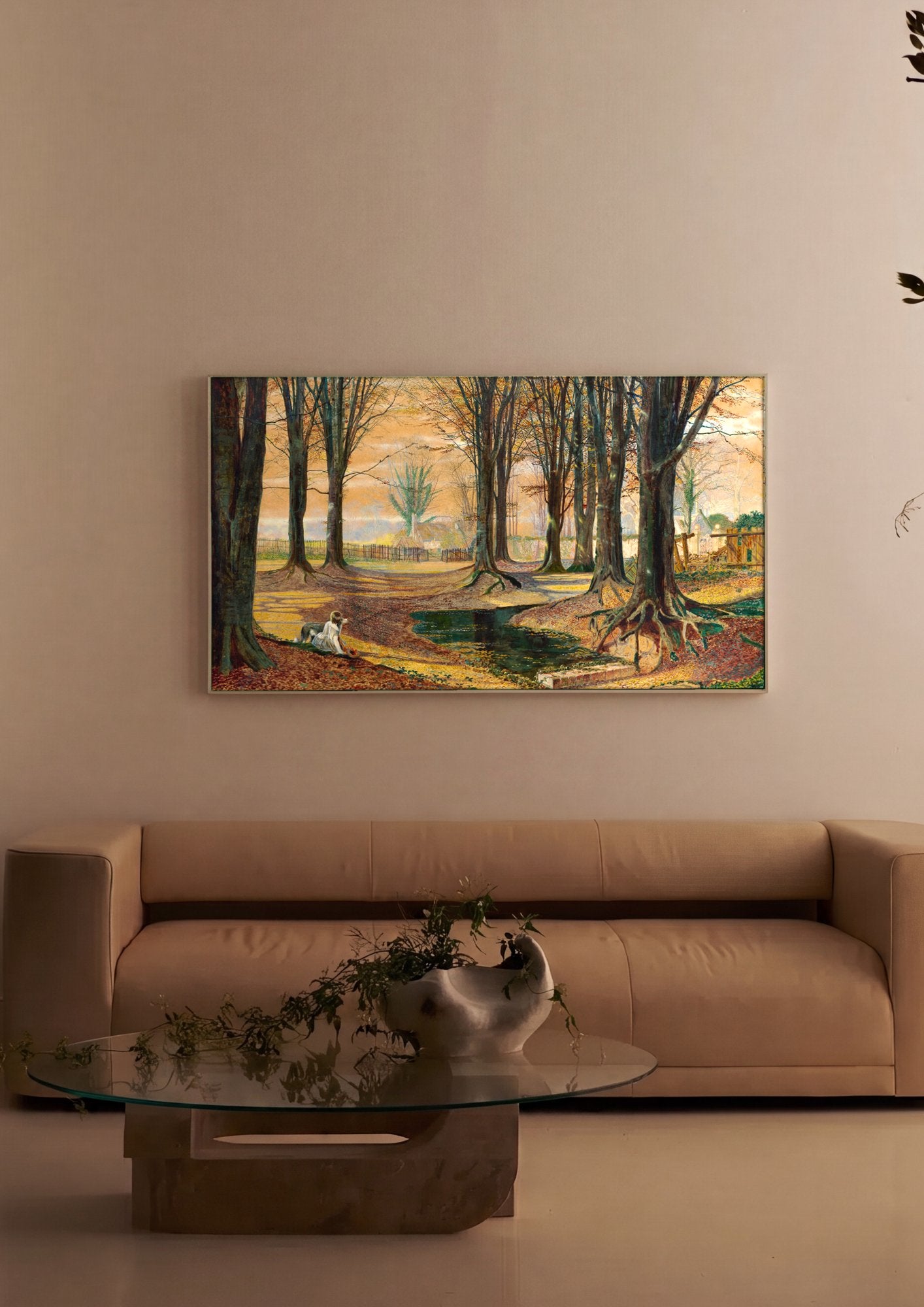 Quadro Decorativo Floresta Outonal com Cão - Grimshaw em ambiente decorado
