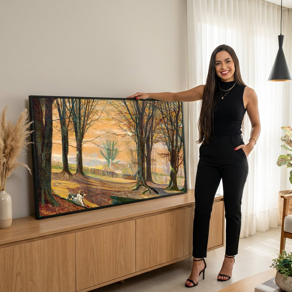 Quadro Decorativo Floresta Outonal com Cão - Grimshaw com modelo em ambiente