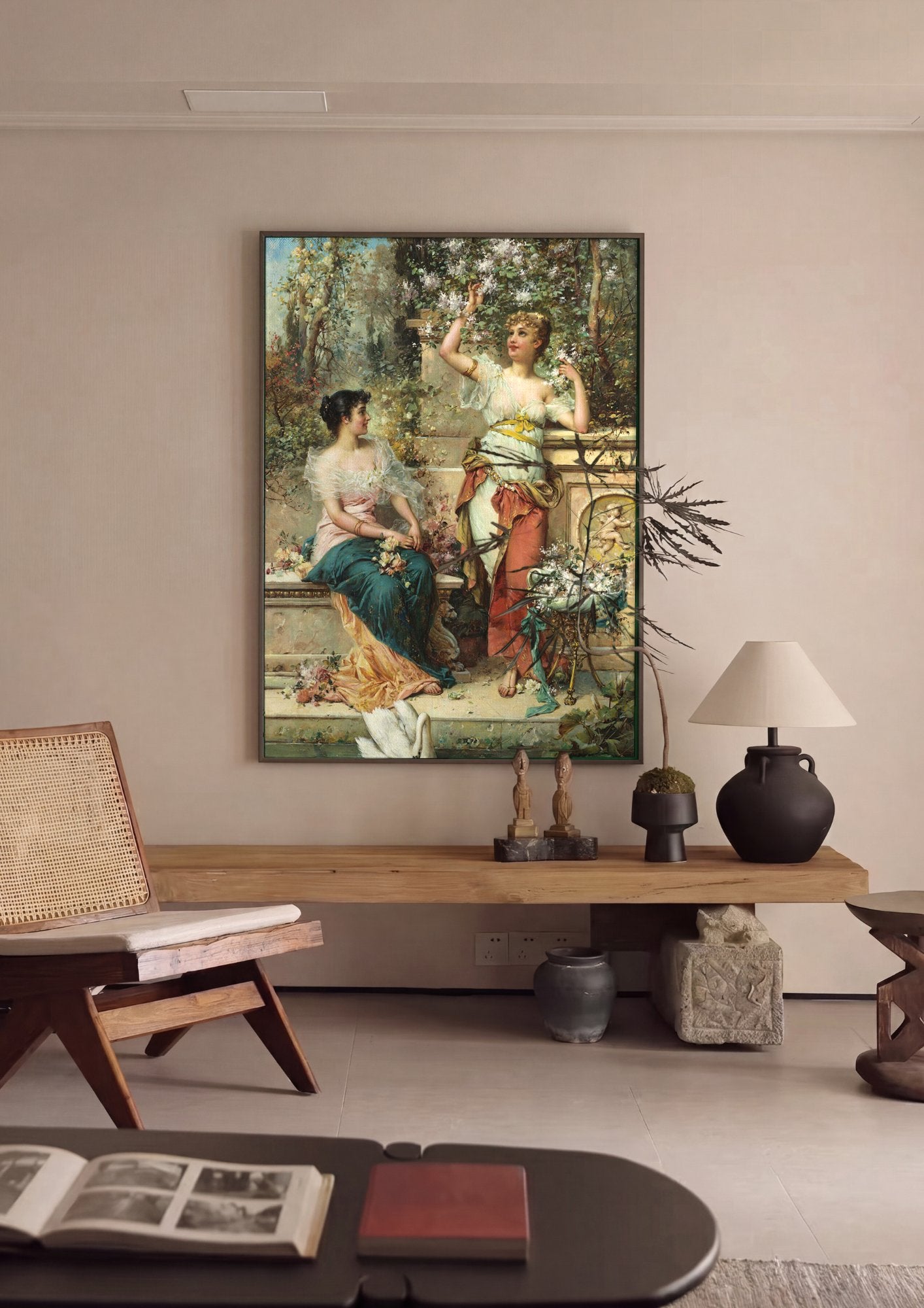 Quadro Decorativo Jardins Floridos com Cisne - Hans Zatzka em ambiente decorado