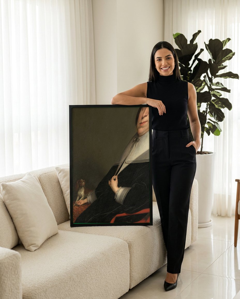 Quadro Decorativo Retrato Feminino com Cão - Honthorst com modelo em ambiente