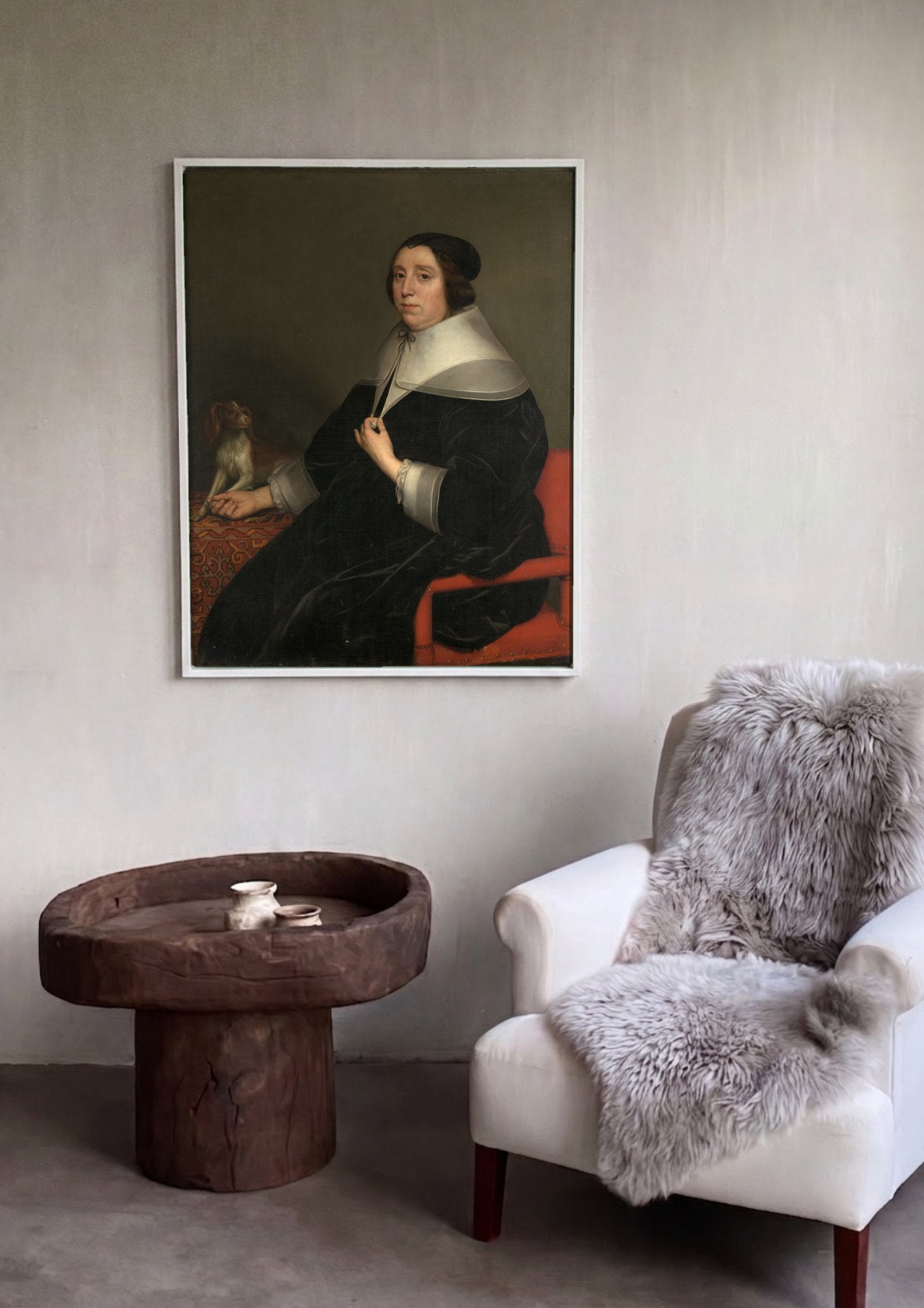 Quadro Decorativo Retrato Feminino com Cão - Honthorst em ambiente decorado