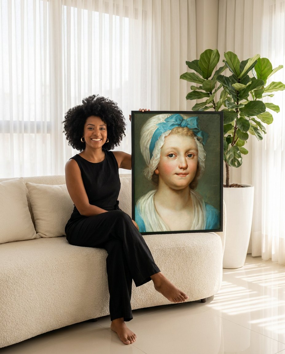 Quadro Decorativo Retrato Feminino Jovem - Anton Raphael Mengs | modelo apresentando o quadro emoldurado