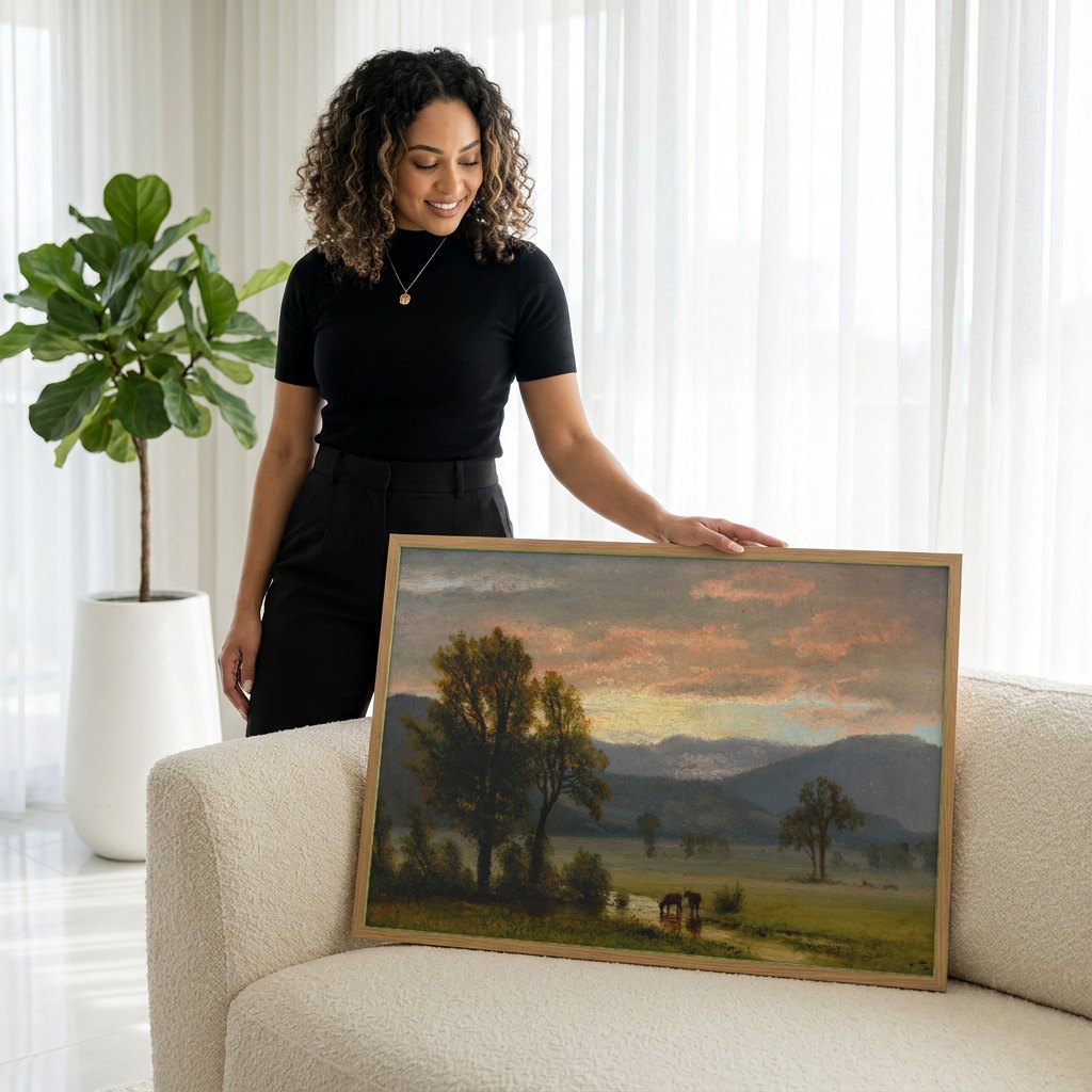 Quadro Decorativo Crepúsculo na Paisagem - Albert Bierstadt | modelo apresentando o quadro emoldurado