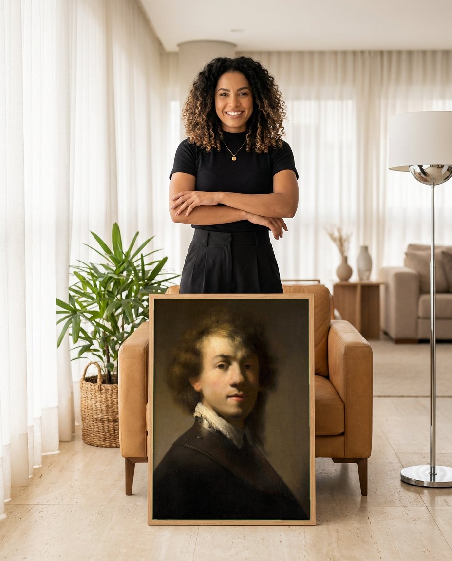 Quadro Decorativo Autorretrato Jovem - Rembrandt | modelo apresentando o quadro emoldurado