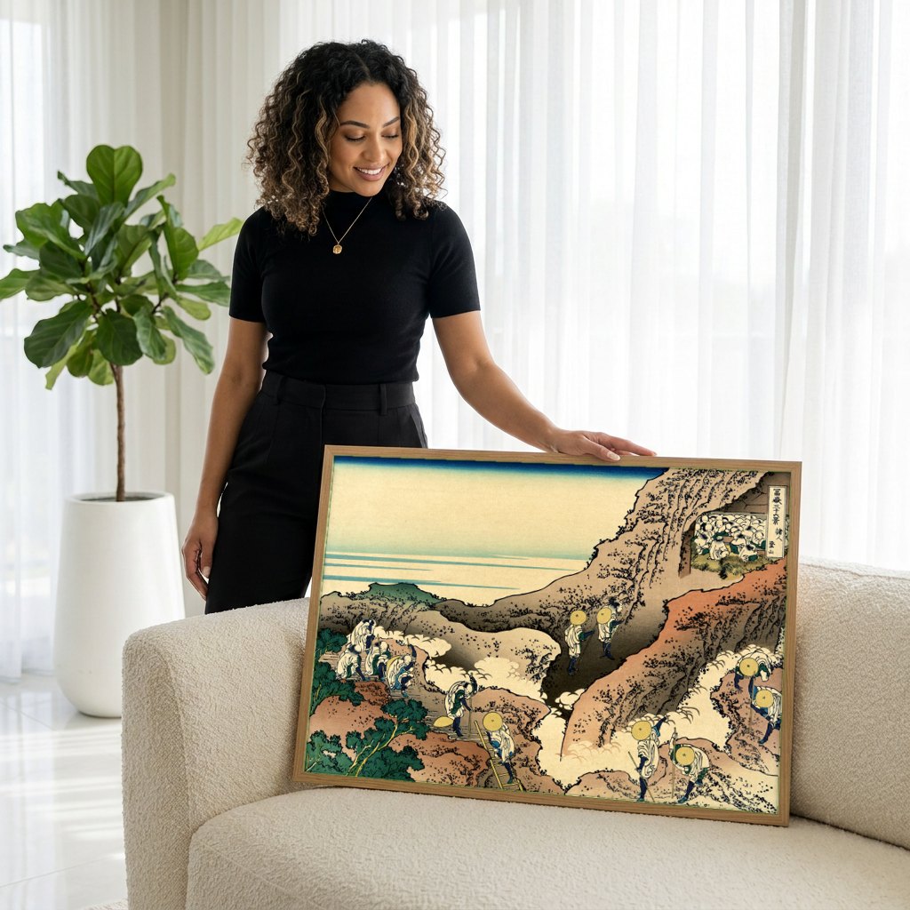Quadro Decorativo Peregrinos Escalando Monte Fuji - Hokusai | modelo apresentando o quadro emoldurado