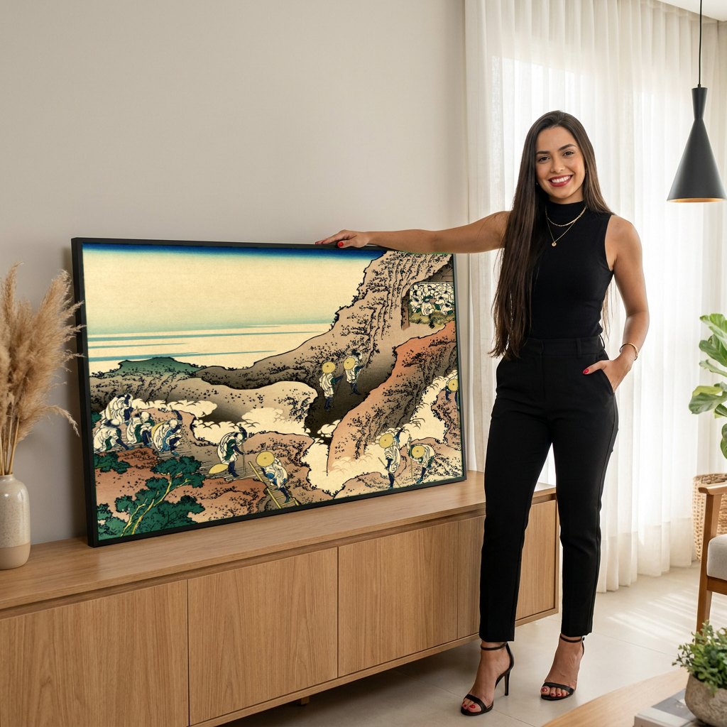 Quadro Decorativo Peregrinos Escalando Monte Fuji - Hokusai | modelo apresentando o quadro emoldurado