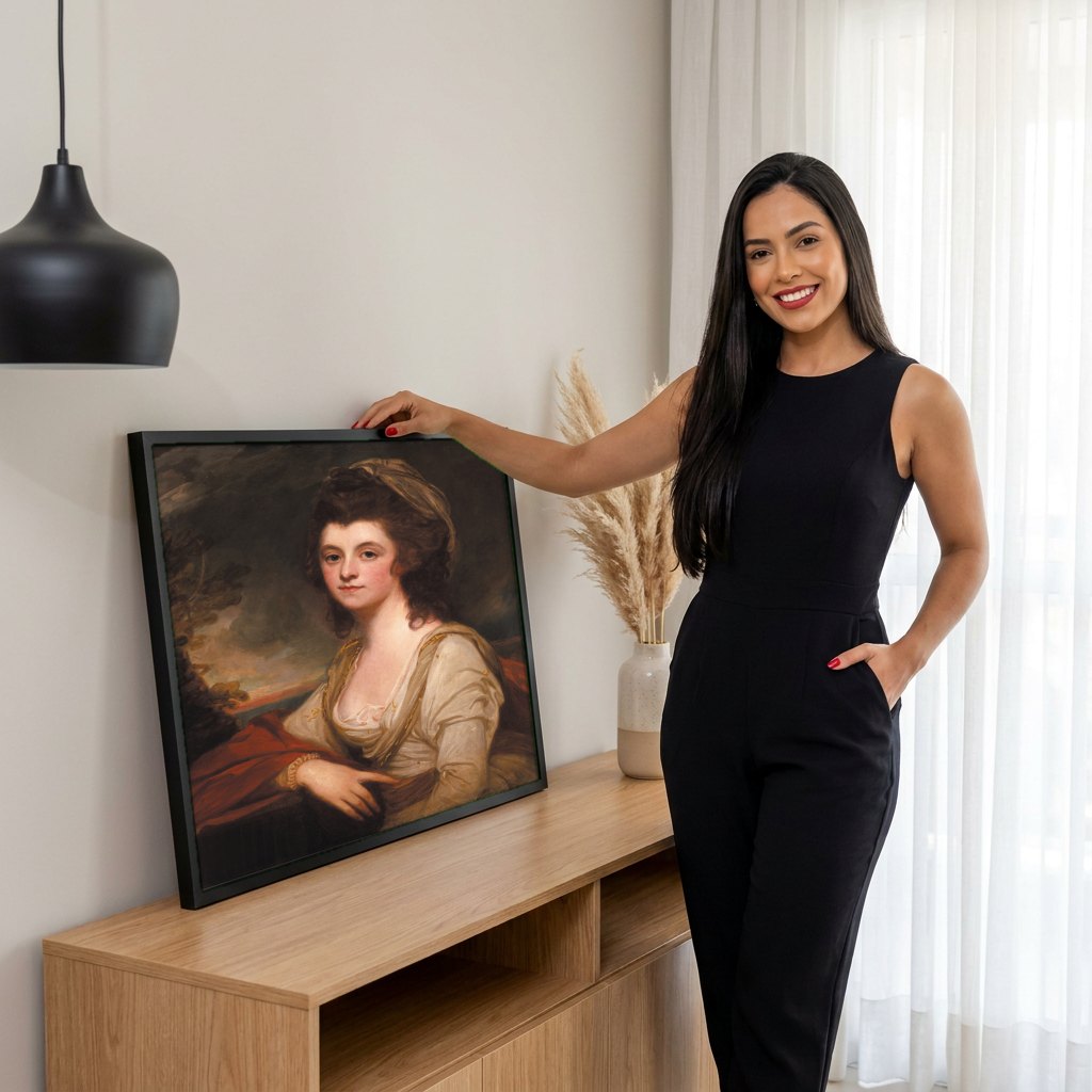 Quadro Decorativo Senhora com Manto Vermelho - George Romney | modelo apresentando o quadro emoldurado