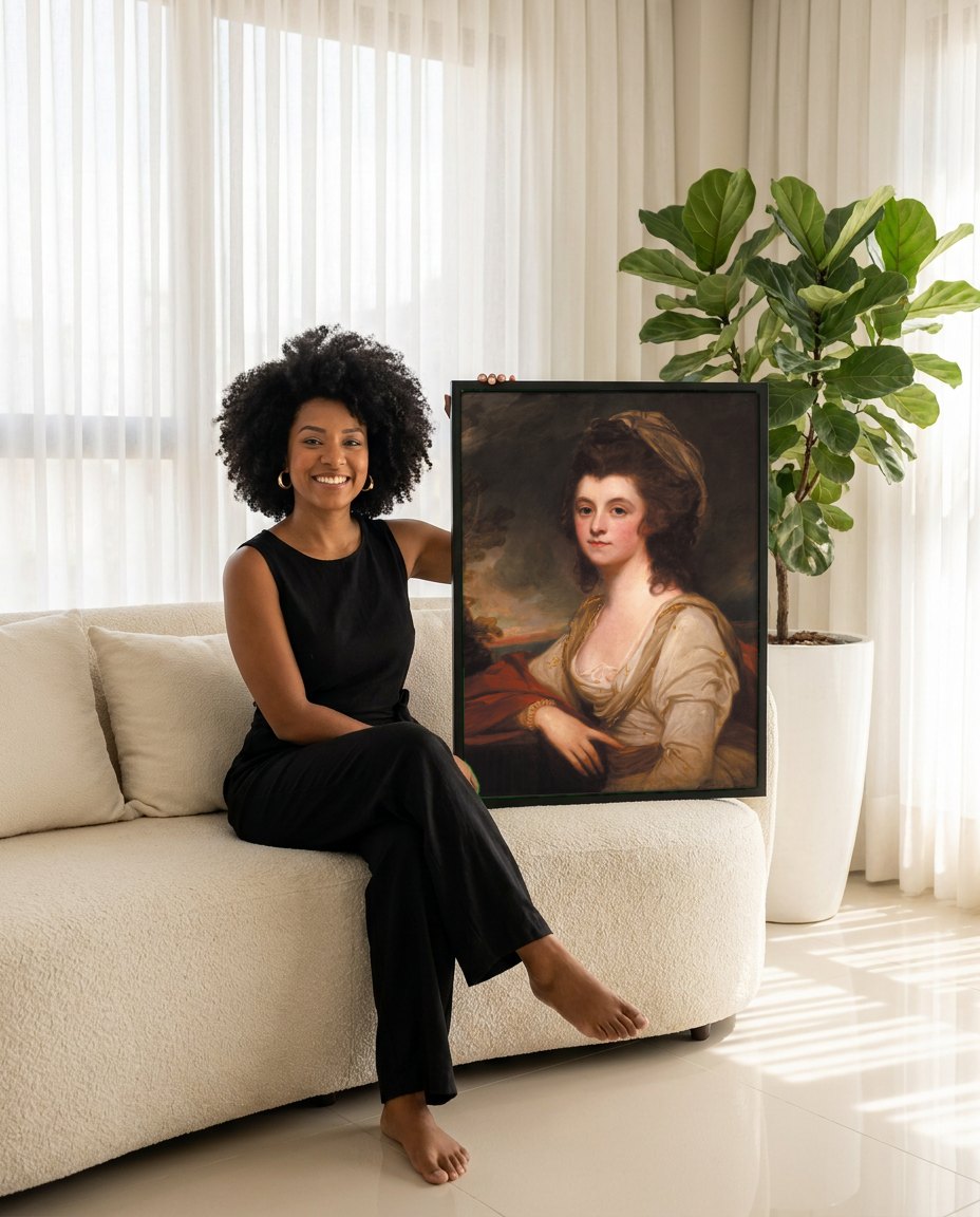 Quadro Decorativo Senhora com Manto Vermelho - George Romney | modelo apresentando o quadro emoldurado
