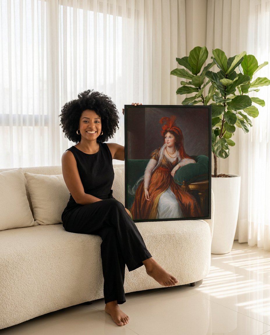 Quadro Decorativo Retrato de Mulher com Turbante - Vigée Le Brun | modelo apresentando o quadro emoldurado