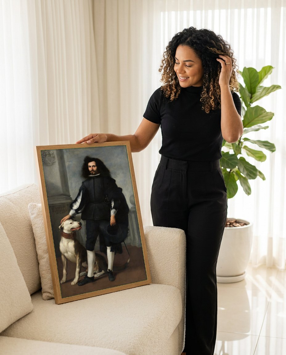 Quadro Decorativo Retrato Cavalheiro com Cão - Murillo | modelo apresentando o quadro emoldurado
