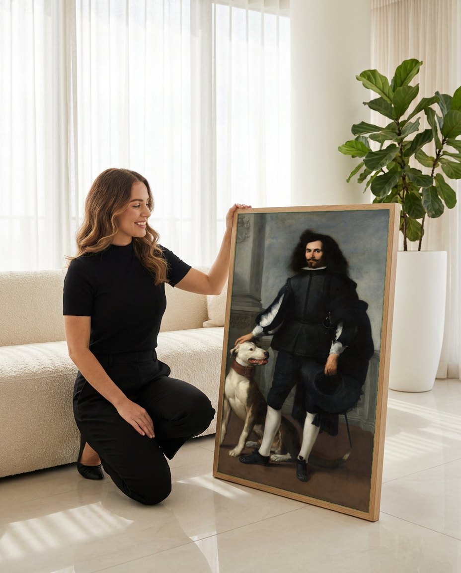 Quadro Decorativo Retrato Cavalheiro com Cão - Murillo | modelo apresentando o quadro emoldurado