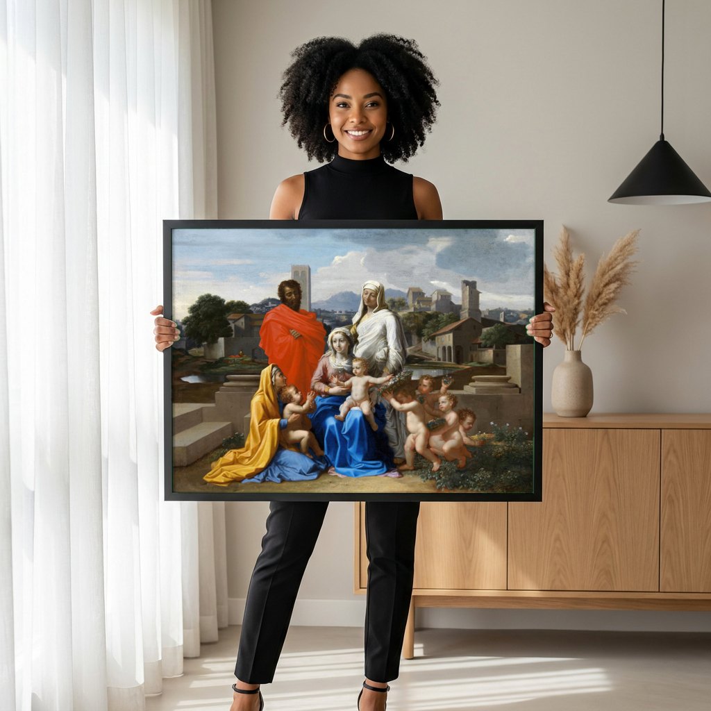 Quadro Decorativo A Sagrada Família com São João Batista - Poussin | modelo apresentando o quadro emoldurado