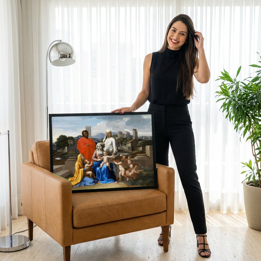Quadro Decorativo A Sagrada Família com São João Batista - Poussin | modelo apresentando o quadro emoldurado