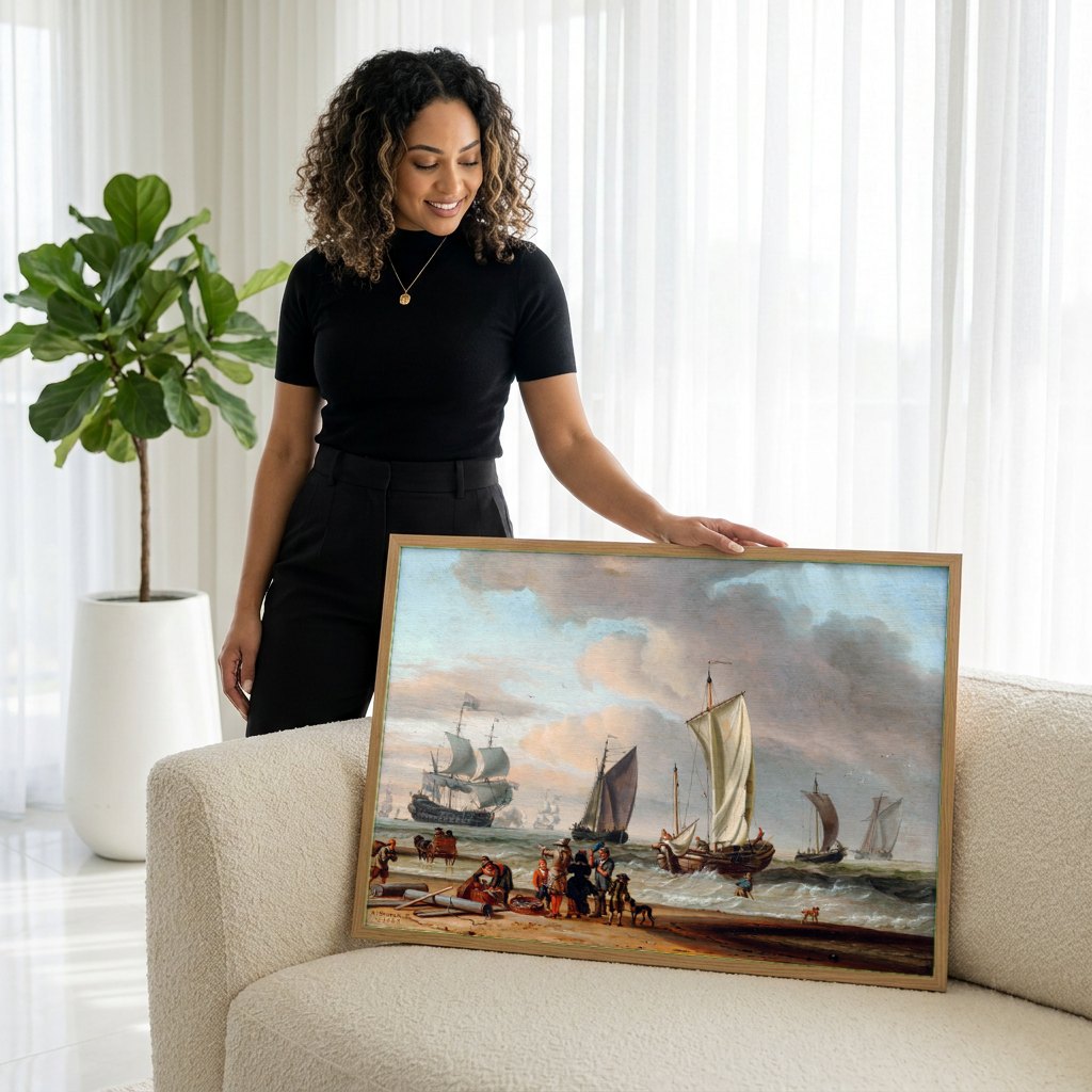 Quadro Decorativo Porto Holandês - Abraham Storck | modelo apresentando o quadro emoldurado