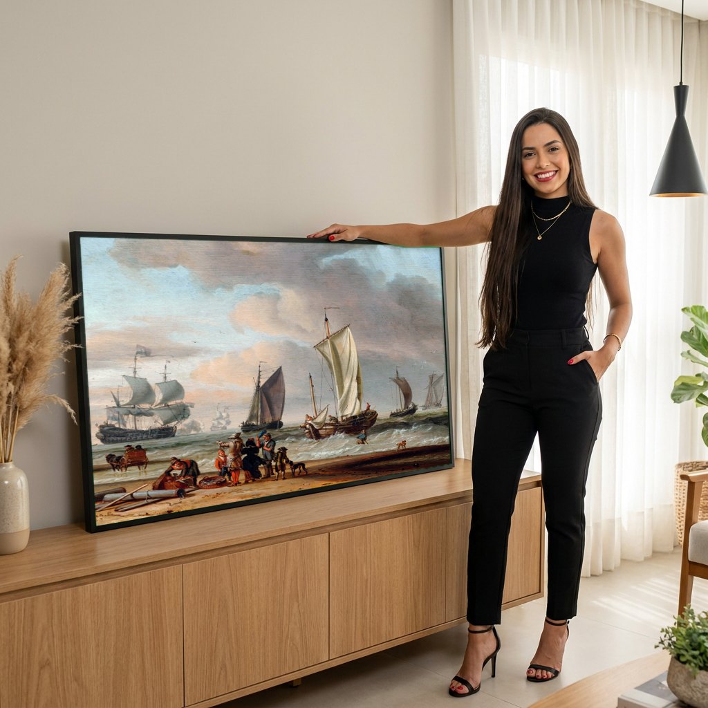 Quadro Decorativo Porto Holandês - Abraham Storck | modelo apresentando o quadro emoldurado