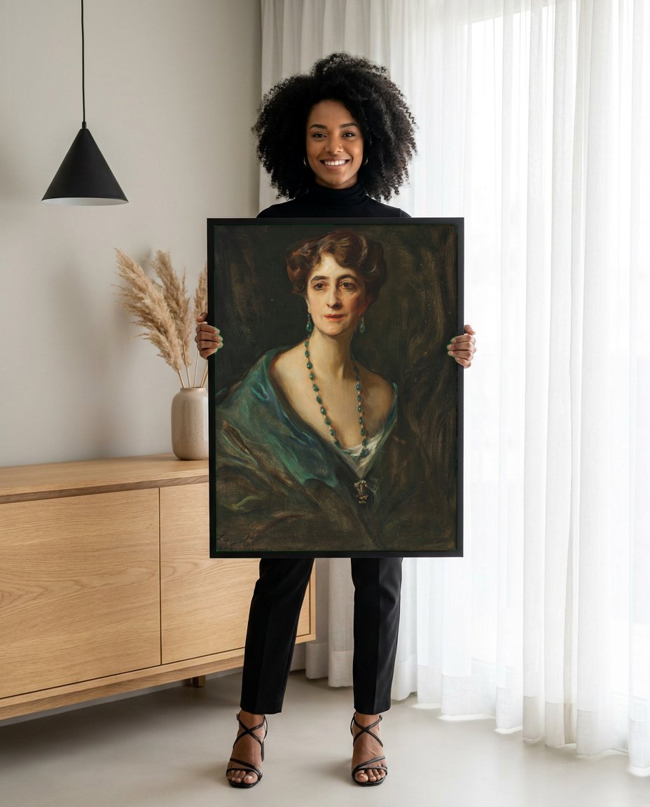 Quadro Decorativo Retrato de Mulher com Esmeraldas - Philip Alexius de László | modelo apresentando o quadro emoldurado