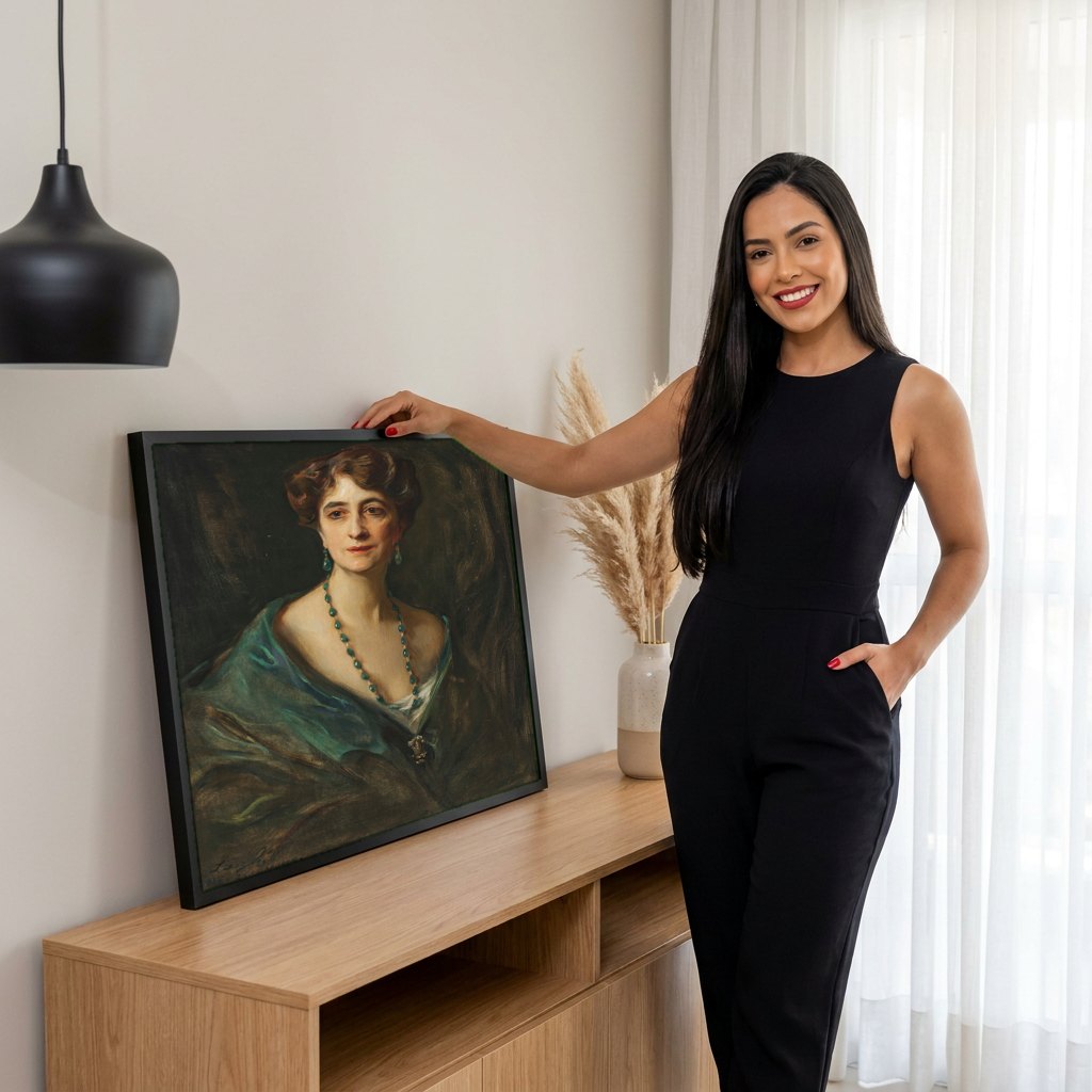 Quadro Decorativo Retrato de Mulher com Esmeraldas - Philip Alexius de László | modelo apresentando o quadro emoldurado