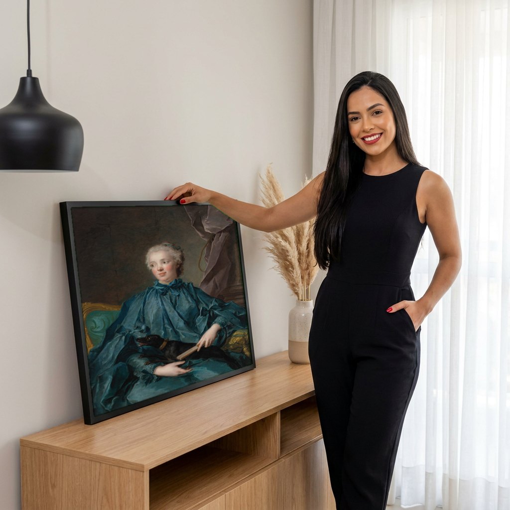Quadro Decorativo Retrato com Cão – Jean-Marc Nattier | modelo apresentando o quadro emoldurado