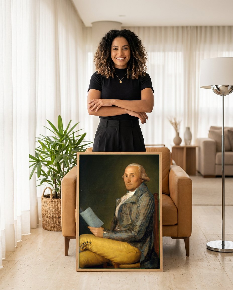 Quadro Decorativo Retrato de Sebastián Martínez - Francisco de Goya | modelo apresentando o quadro emoldurado