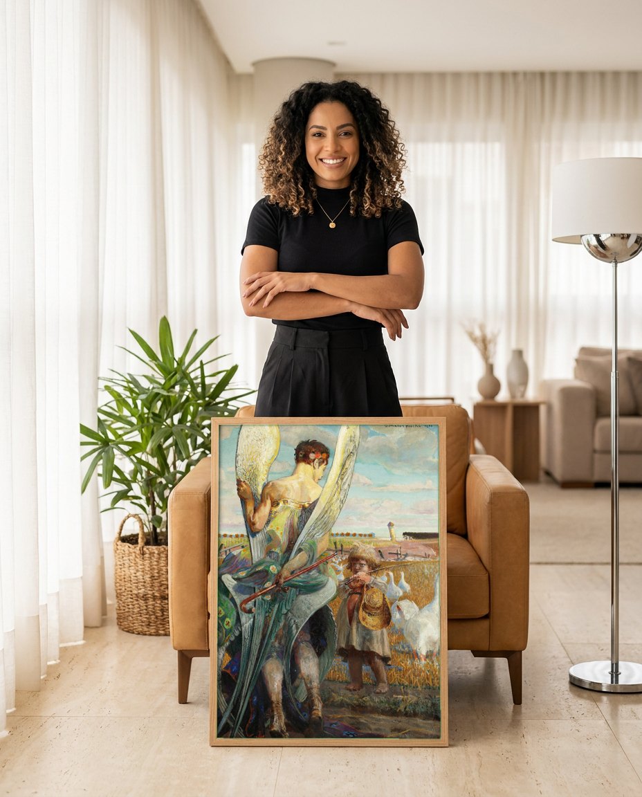 Quadro Decorativo Anjo do Pastor - Jacek Malczewski | modelo apresentando o quadro emoldurado