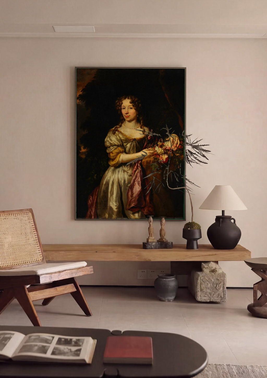 Quadro Decorativo Retrato Feminino com Flores - Nicolaes Maes em ambiente decorado