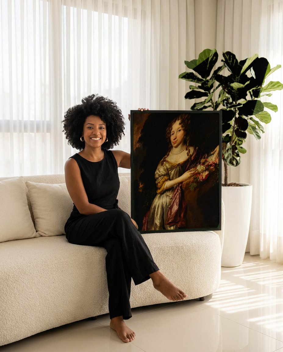 Quadro Decorativo Retrato Feminino com Flores - Nicolaes Maes com modelo em ambiente