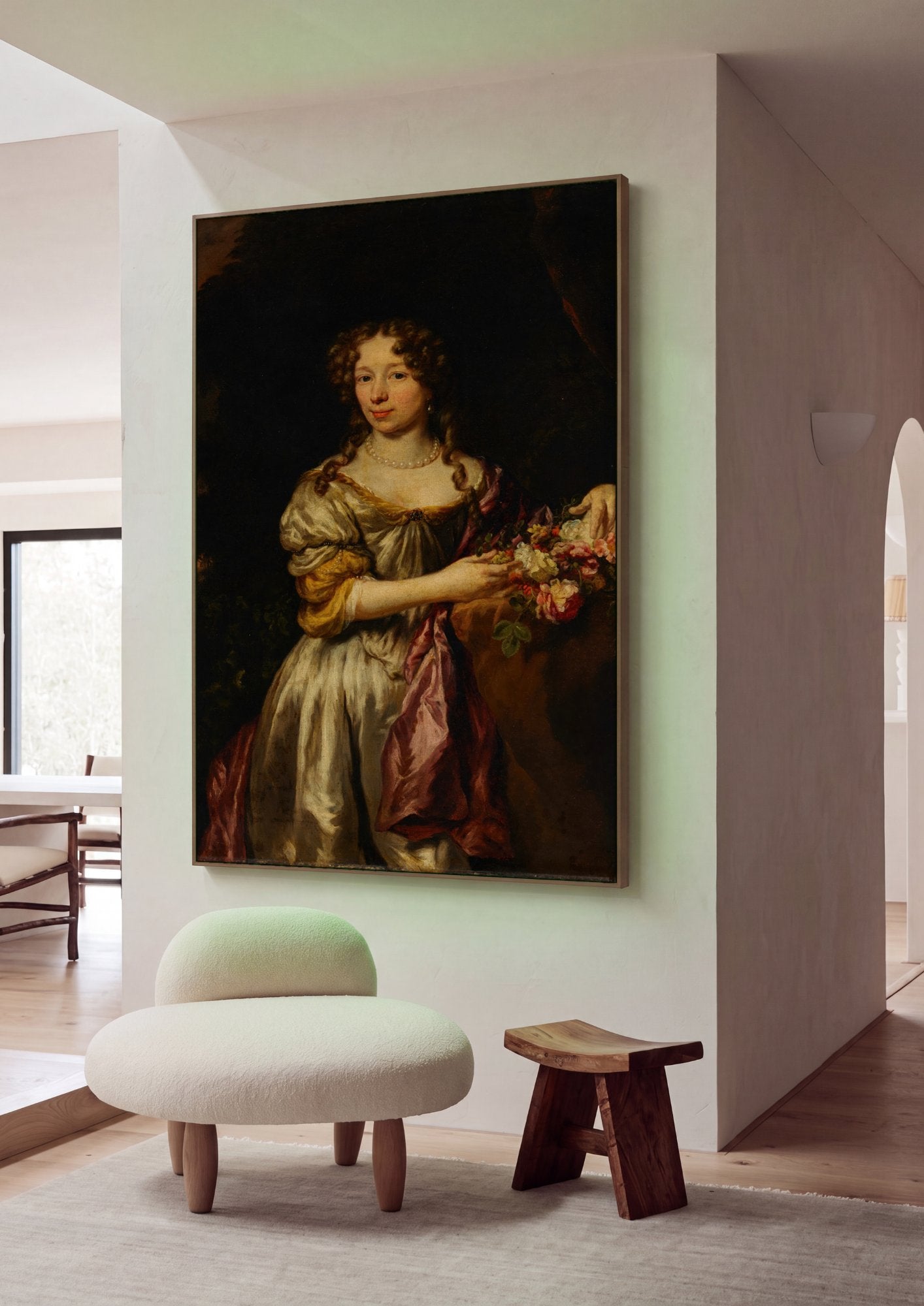 Quadro Decorativo Retrato Feminino com Flores - Nicolaes Maes em ambiente decorado