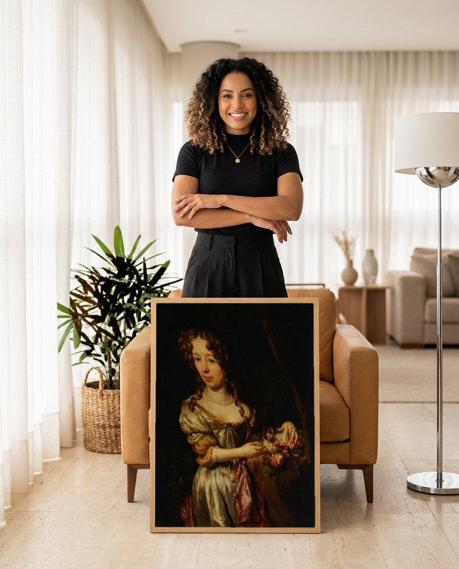 Quadro Decorativo Retrato Feminino com Flores - Nicolaes Maes com modelo em ambiente