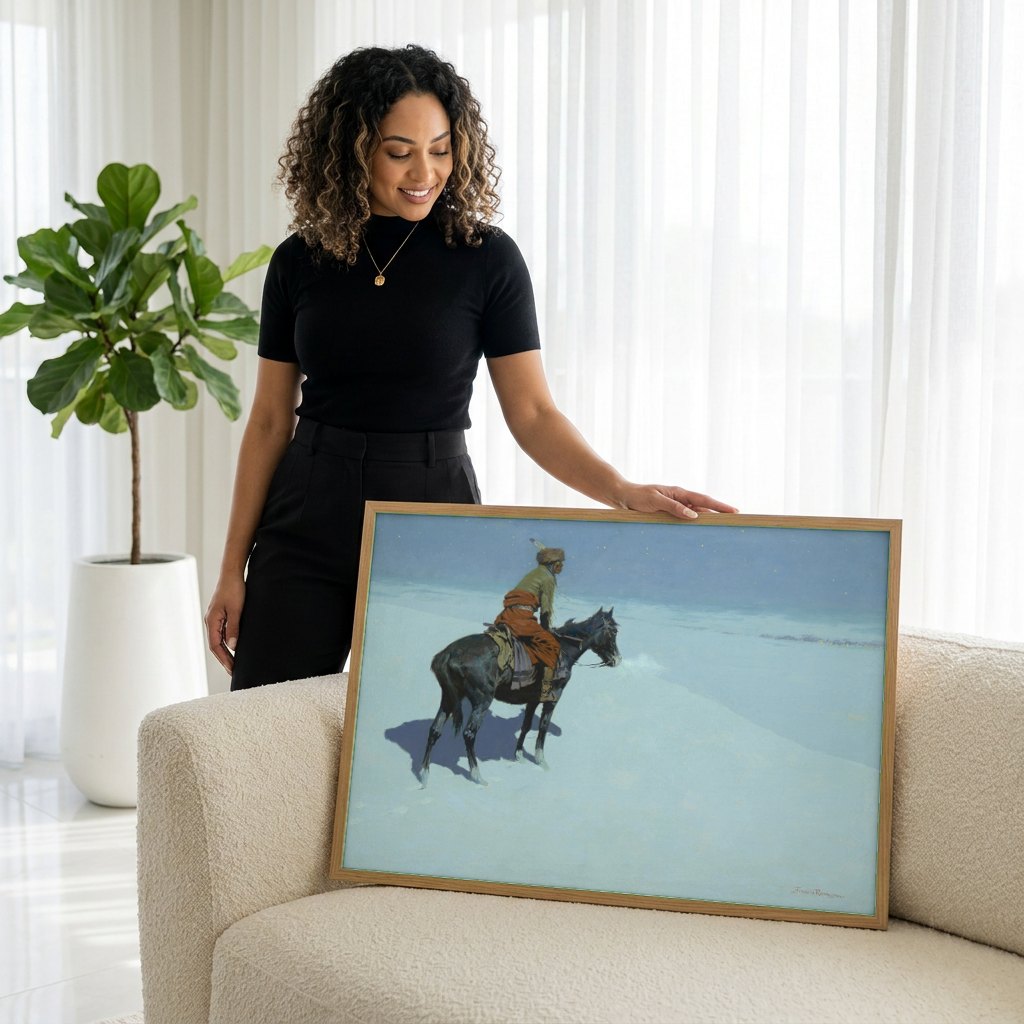 Quadro Decorativo 'The Scout' - Frederic Remington | modelo apresentando o quadro emoldurado