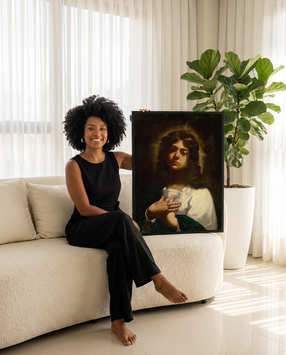 Quadro Decorativo 'São João Batista Jovem' - Caravaggio | modelo apresentando o quadro emoldurado