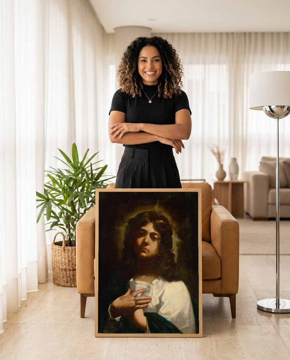 Quadro Decorativo 'São João Batista Jovem' - Caravaggio | modelo apresentando o quadro emoldurado