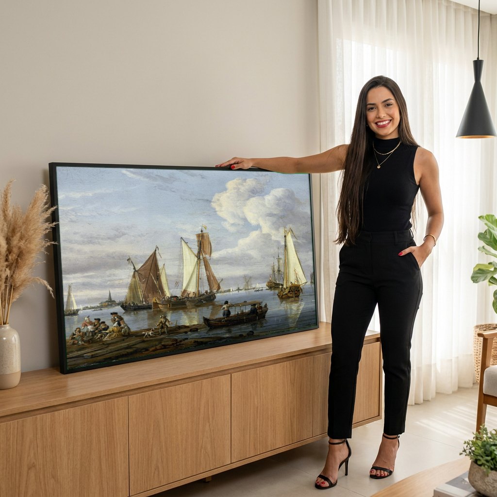 Quadro Decorativo Porto Holandês - Abraham Storck | modelo apresentando o quadro emoldurado