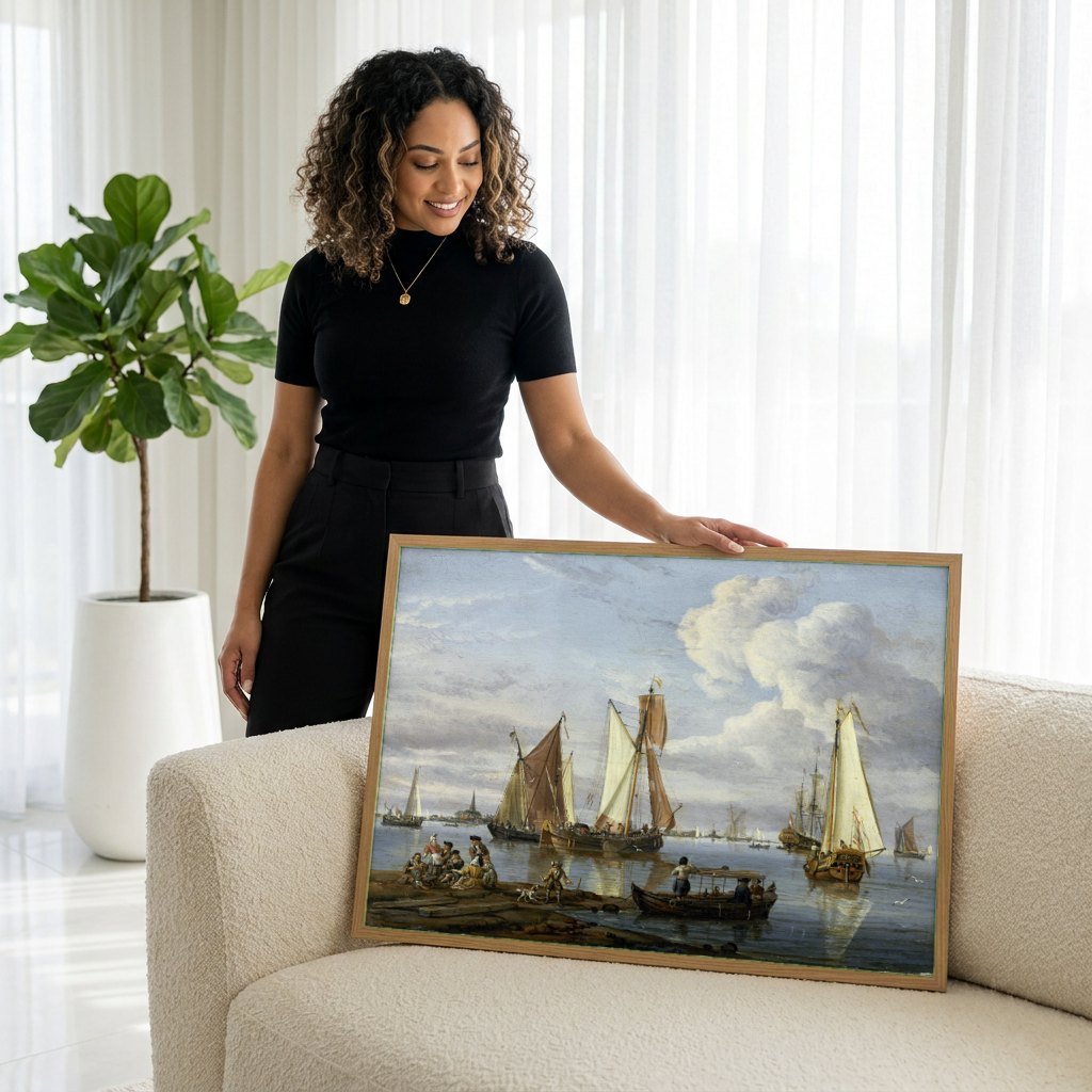 Quadro Decorativo Porto Holandês - Abraham Storck | modelo apresentando o quadro emoldurado