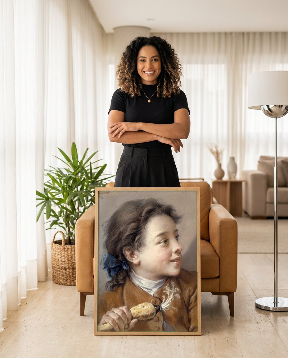 Quadro Decorativo Retrato de Menino com Cenoura - François Boucher | modelo apresentando o quadro emoldurado